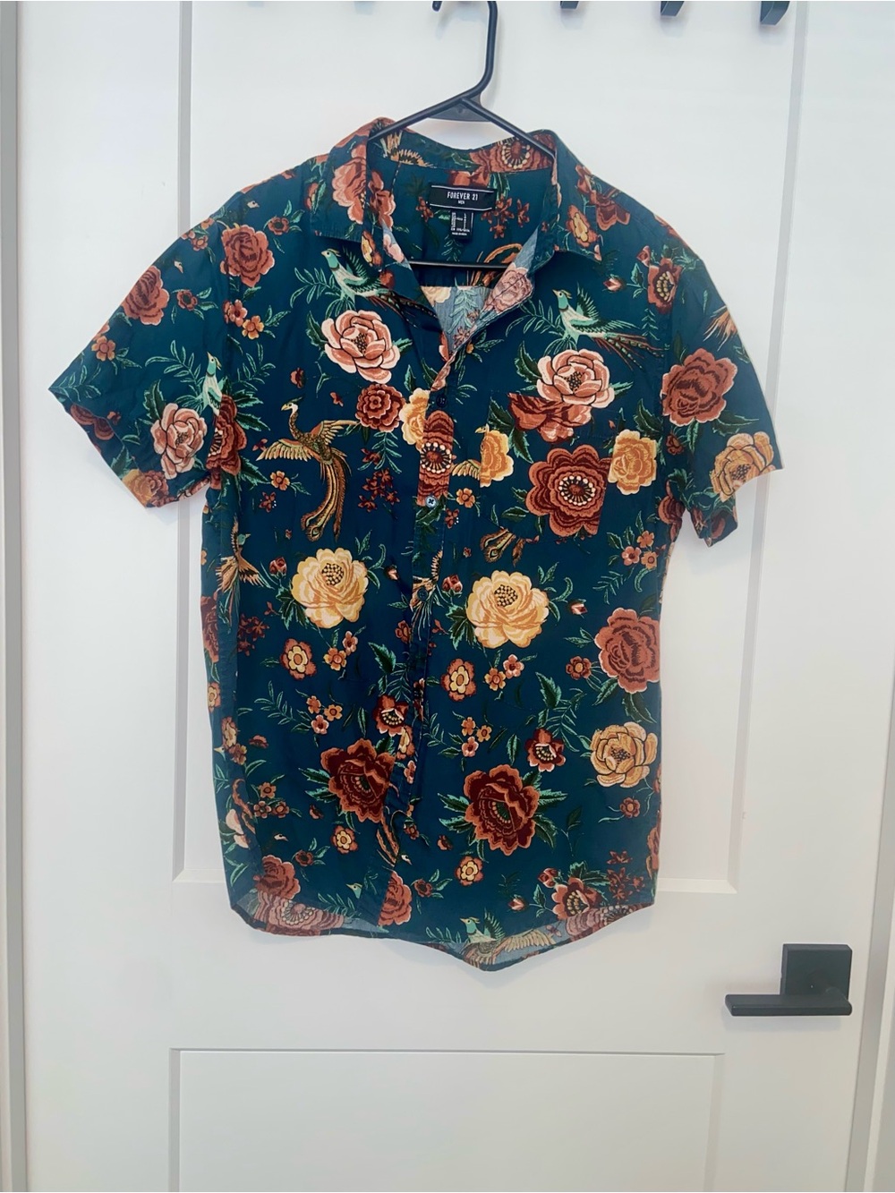 Forever 21 Teal Short-Sleeve Floral Button-Up Shirt